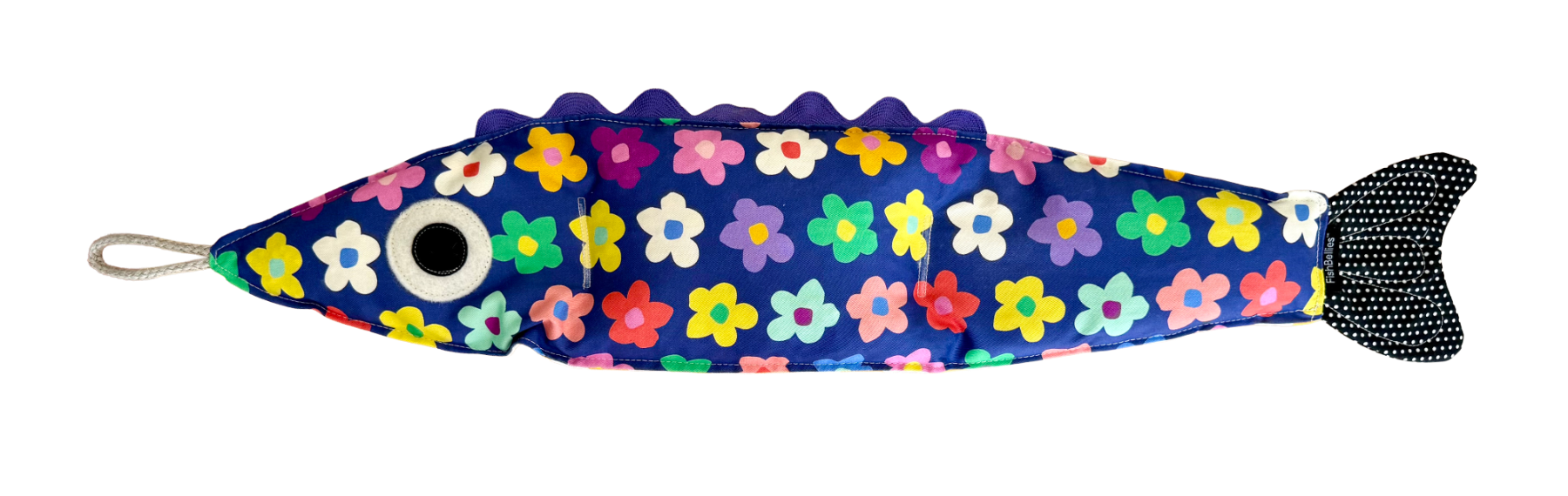 A plush fish-shaped dog toy with a dark blue background covered in colorful embroidered flowers, featuring a black-and-white spotted tail, a large embroidered eye, and a white rope ring on the front.