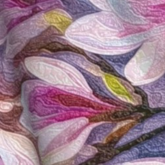A close-up of a fabric or wallpaper pattern featuring painted-style magnolia blossoms in soft pink, lavender, white, and green on a muted purple background.